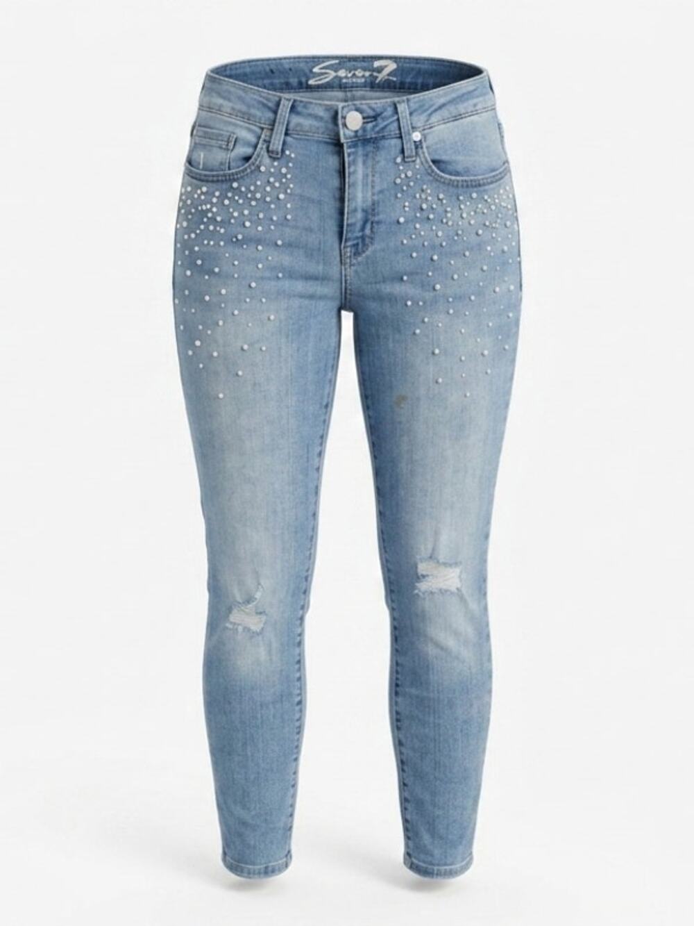 Seven7 Mid Rise Skinny Light Wash Distressed Rhinestone Jeans Women Size 8